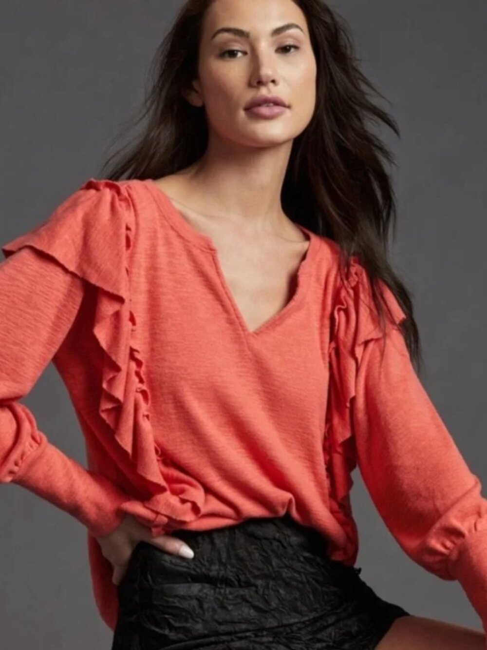 Anthropologie Pilcro Cozy Popover Ruffle‎ Top Sweater Blouse Coral Red Small